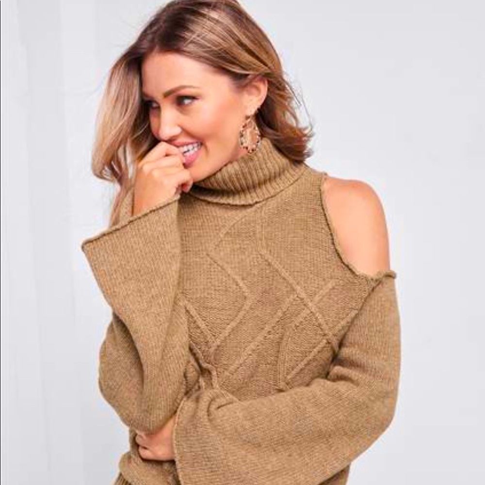 New Venus Cold Shoulder Sweater Bell Sleeves Turtle Neck Cable Knit
